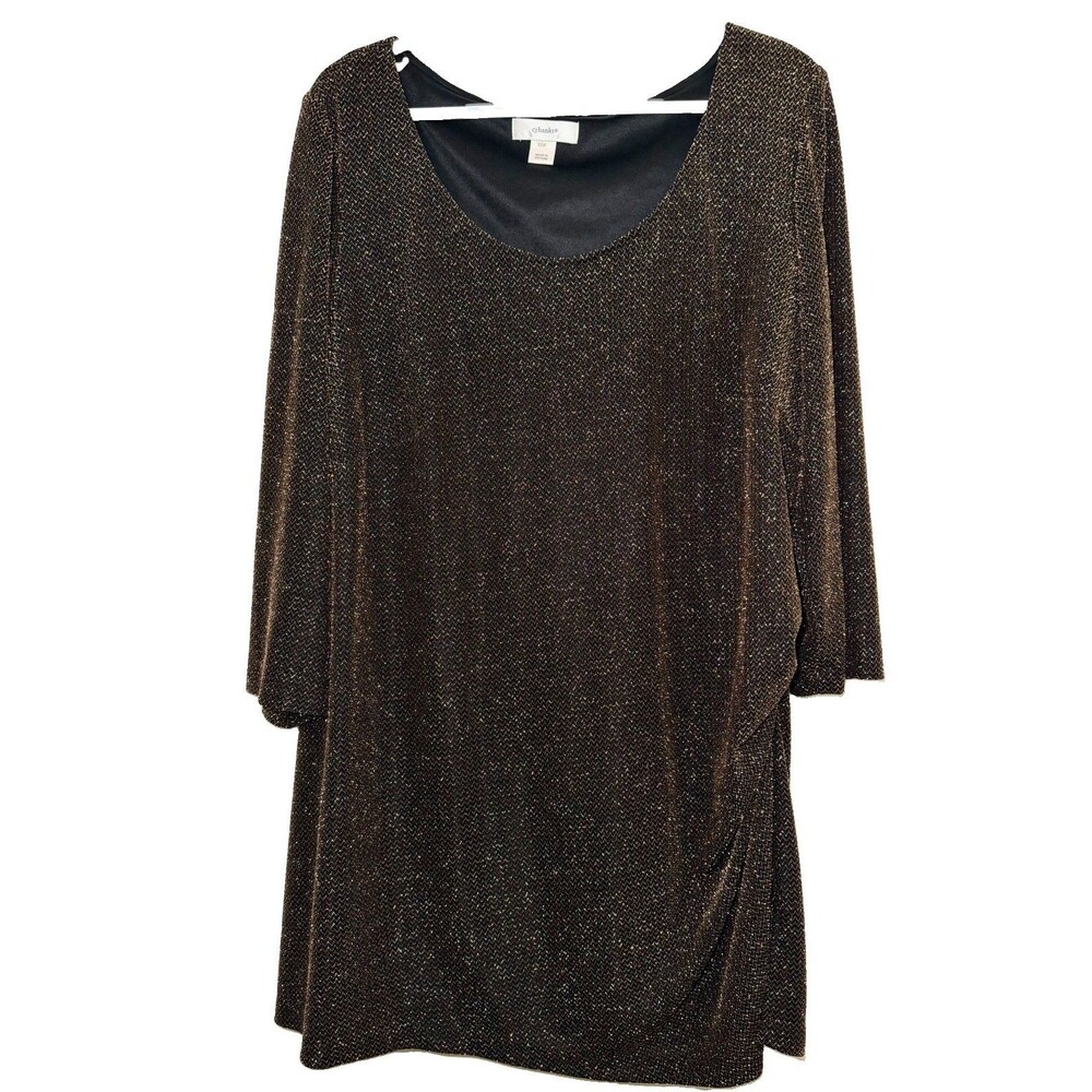 CJ Banks 20W Black Gold Metallic Ruched Draped Tunic Top 3/4 Sleeve Plus Shimmer